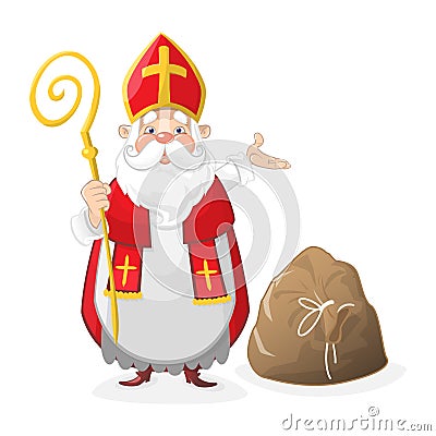 Cute Saint Nicholas cartoon character with gift bag on the floor Vector Illustration