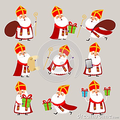 Cute Saint Nicholas collection or Sinterklaas - vector illustration Vector Illustration