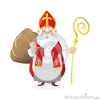 Cute Saint Nicholas with gifts in bag cartoon character Vector Illustration