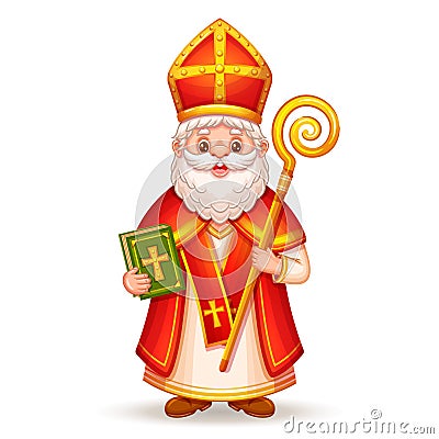 Cute Saint Nicholas, Sinterklaas cartoon character. St Nicolas winter holiday day. Christmas Christian religion Santa man. Vector Vector Illustration