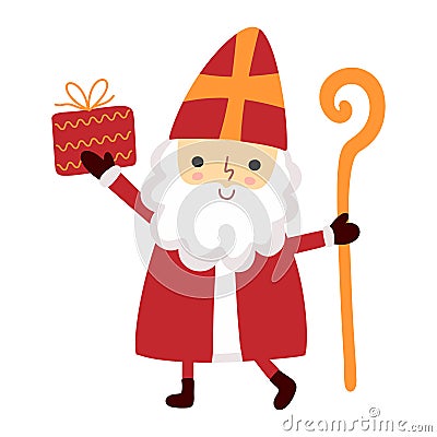 Cute Saint Nicholas or Sinterklaas character. Happy St Nicholas day. Sweet Christmas St Nick old man bishop Vector Illustration