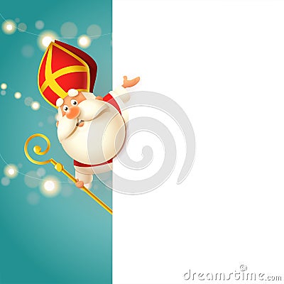 Cute Saint Nicholas - Sinterklaas on left side of board - happy cute character celebrate holidays - illustration Cartoon Illustration