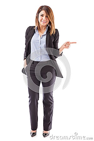 Cute salesperson pointing right Stock Photo