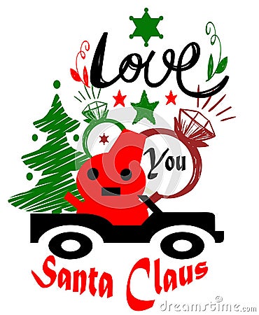 Cute santa claus is in car coming with gifts and blessings Stock Photo