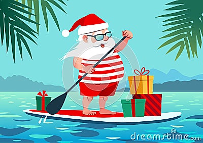 Cute Santa Claus on paddle board with gifts against tropical ocean background vector cartoon illustration. Christmas in July, sum Cartoon Illustration