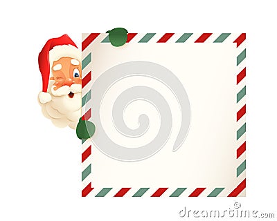 Cute Santa Claus peeking on left side of letter - vintage vector illustration Vector Illustration