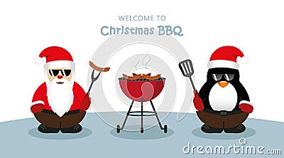 Cute santa claus and penguin with sunglasses at christmas bbq Vector Illustration