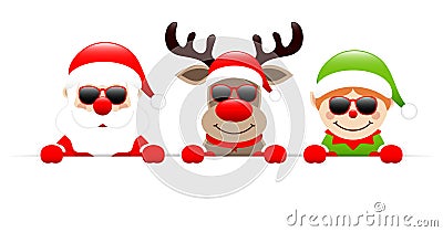 Santa Claus Reindeer And Elf Sunglasses Holding Horizontal Banner Vector Illustration