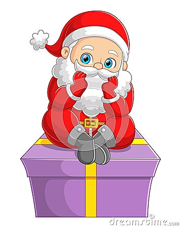 The cute santa claus is sitting and contemplating on the top of the big gift Vector Illustration