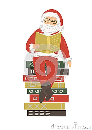 Cute Santa Clause reading book on stack of books Vector Illustration