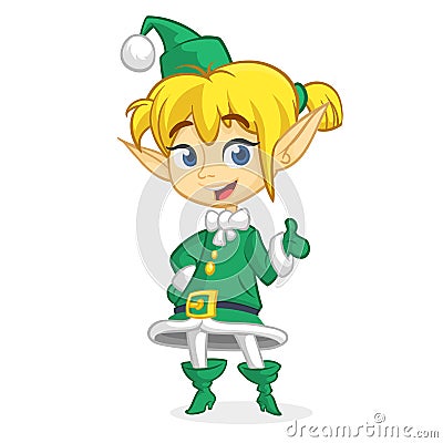 Cute Santa helper girl shows on a white blank banner. Cartoon illustration isolated. Cartoon Illustration