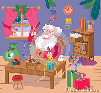 Cute Santa makes gifts for children. Vector Illustration