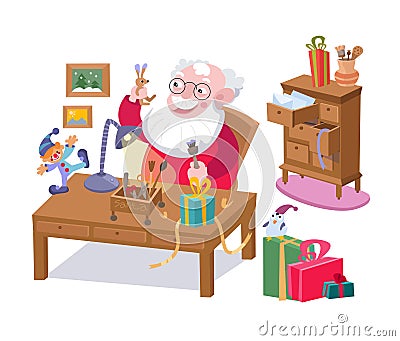 Cute Santa makes gifts for children. Santa Claus workshop with furniture, items, gifts, letters. Winter Christmas Vector Illustration