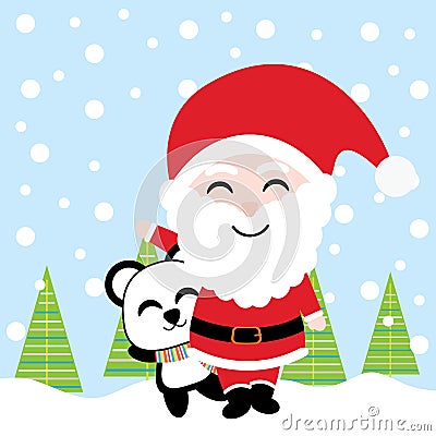 Cute Santa and panda smile on snow background vector cartoon, Xmas postcard, wallpaper, and greeting card Vector Illustration