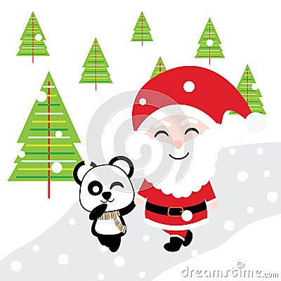 Cute Santa and panda is walking together on snow background cartoon, Xmas postcard, wallpaper, and greeting card Vector Illustration