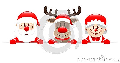 Santa Reindeer And Santas Wife Holding Banner Vector Illustration