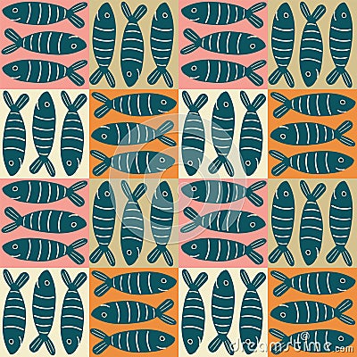 Cute sardines in squares. Kids background. Seamless vector pattern. textile, background, scrapbook Vector Illustration