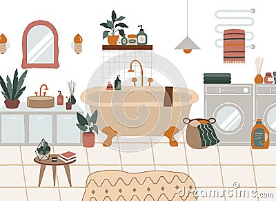 Cute scandinavian bathroom. Modern bath interior with sink, washbasin plant decorations, furnished apartment, vector illustration Vector Illustration