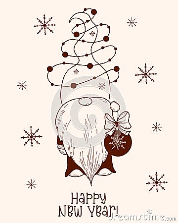 Cute Scandinavian gnome. Winter character gnome with garland and Christmas ball. Vector illustration. hand drawn, Doodle Vector Illustration