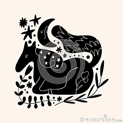 Cute Scandinavian horse art. Folk rural rustic fairytale style, hygge and lagom design. Nordic scandi decor elements. Vector Illustration