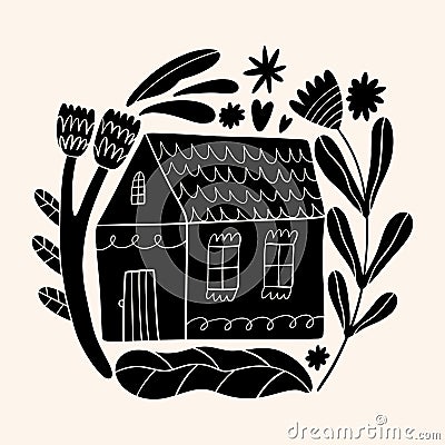 Cute Scandinavian house art. Folk rural rustic fairytale style, hygge and lagom design. Nordic scandi decor elements. Vector Illustration