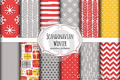 Cute Scandinavian Winter hand drawn seamless patterns set Vector Illustration