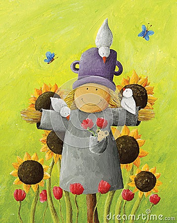 Cute Scarecrow in sunflower field Cartoon Illustration