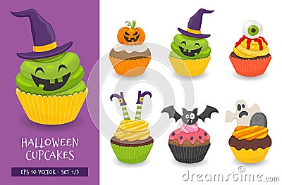 Cute and scary halloween cupcake collection Vector Illustration