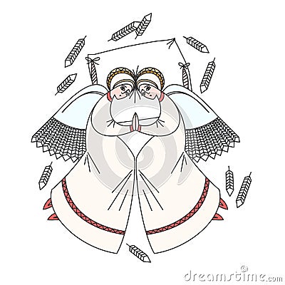 Cute scene with angels on the pillow. White background. Cartoon Illustration