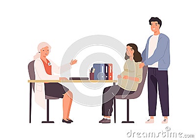 Cute scene with family expecting child visiting doctor isolated on white background. Physician consulting pregnant woman Vector Illustration