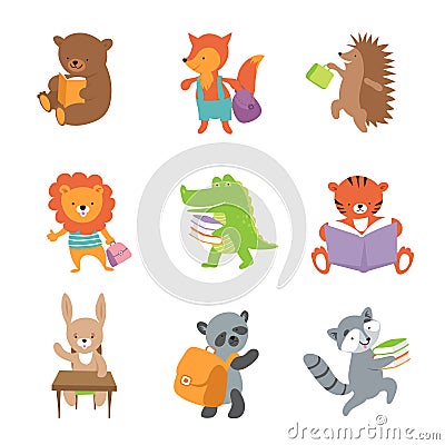 Cute school animals. Bear and fox, lion and crocodile, tiger and panda. Vector school baby animals set Vector Illustration