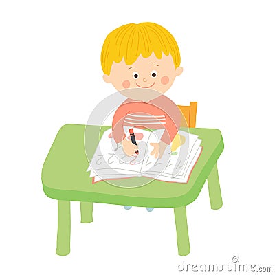 Cute school boy writing at desk in classroom Vector Illustration