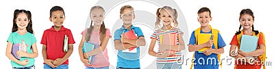 Cute school children with stationery Stock Photo