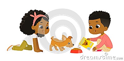 Cute school friends feeding pet puppy. African American boy and girl playing with dog. Children caring for animals. Vector Illustration