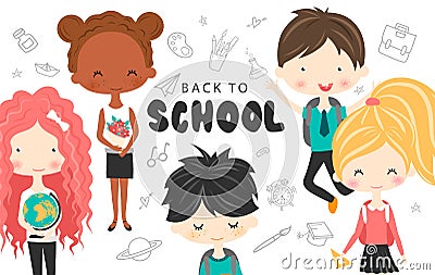 Cute school kids with backpacks, globe and book.Happy kids cartoon collection. Multicultural children in different Vector Illustration