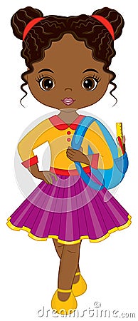 Cute School Teen African American Girl Holding Backpack. Vector School Girl with Rucksack Vector Illustration