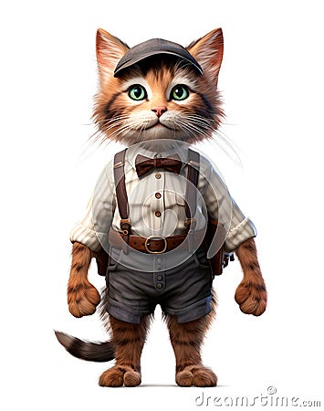 Cute Schoolboy Cat dressed as a school student from the 1930s, isolated on white background, cute and funny cats concept, Cartoon Illustration