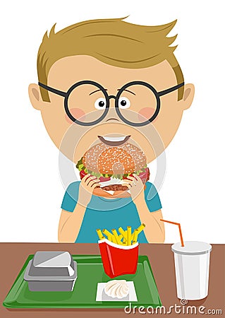 Cute schoolboy eating burger in fast food school canteen Vector Illustration