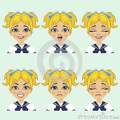 Cute schoolgirl and facial expression set Vector Illustration