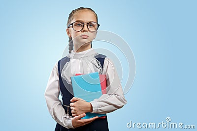 Cute Schoolgirl In Glasses Hold Books Copyspace Stock Photo