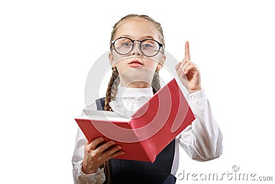 Cute Schoolgirl Hold Open Hardcover Book Copyspace Stock Photo