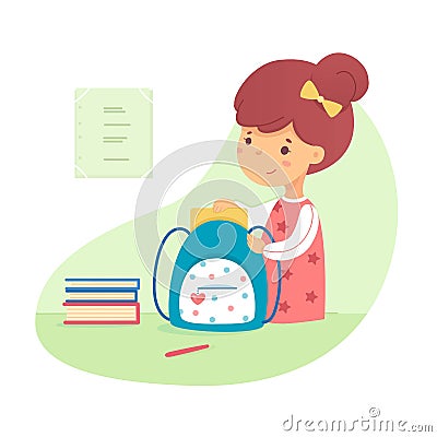 Cute schoolgirl puts books in backpack. Kid getting ready for school Vector Illustration