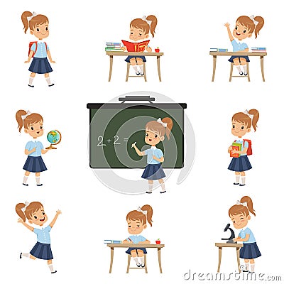 Cute schoolgirl student in uniform in various activities set, girl at lessons of biology, geography, mathematics vector Vector Illustration