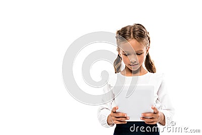 cute schoolkid using digital tablet isolated on white . Stock Photo