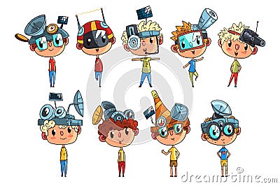 Cute scientist children working on physics science experiment set, funny boy in fantastic headdress with antennas vector Vector Illustration