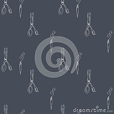 Cute scissors needles on gray background.Doodle contour seamless square pattern. Print for fabrics, cards, textiles, wrapping pape Stock Photo