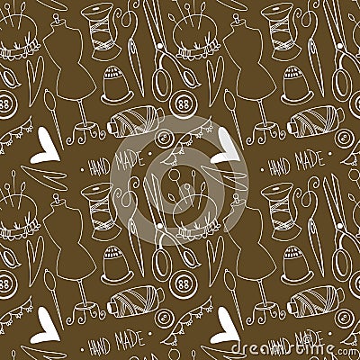 Cute scissors needles, mannequin, sewing on a brown background.Doodle contour seamless square pattern. Print for fabrics, cards, t Stock Photo