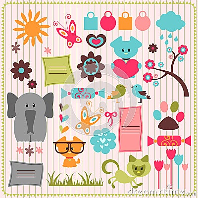 Cute scrapbook elements with animals Vector Illustration