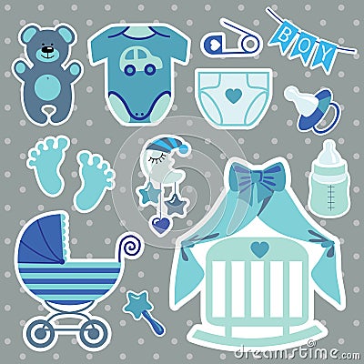 Cute scrapbooking elements for newborn baby boy Vector Illustration