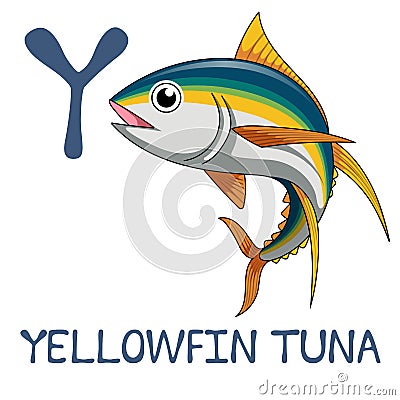 Cute Sea Animal Alphabet Series. Y is for Yellowfin tuna. Vector Illustration